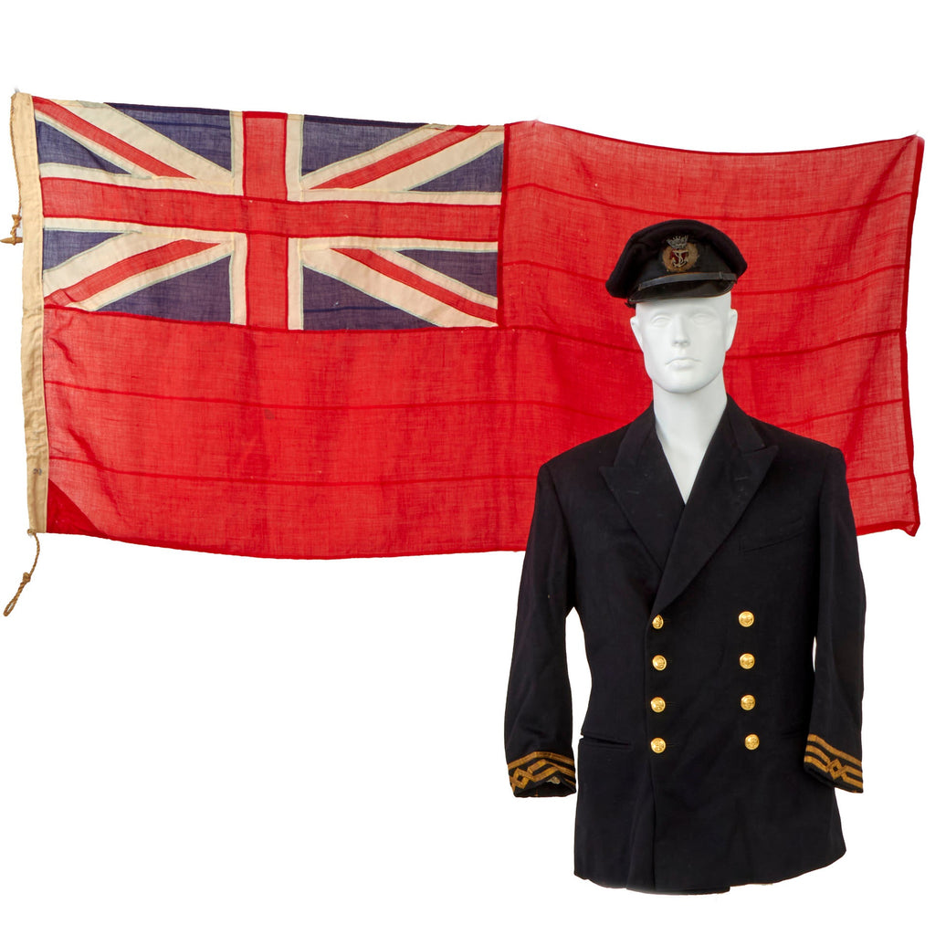 Original British WWII Dunkirk Evacuation Red Ensign Stern Flag and Uniform Grouping For Robert Turner, Chief Officer of the Merchant Vessel SS Araluen - With Letter of Provenance From Sister of Turner Original Items