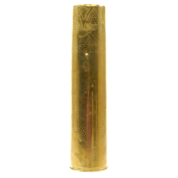 Sold at Auction: WWI French 75mm Trench Art brass shell cases, fully worked  one inscribed Souvenir Des Flandres and the other Souvenir Des France.  One dated 1917 and the other 1918. (2)