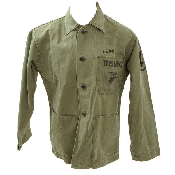 Original U.S. WWII U.S. Navy Corpsman 25th Regiment, 4th Marine Division  Group - Named - P 41 HBT Top and Poncho