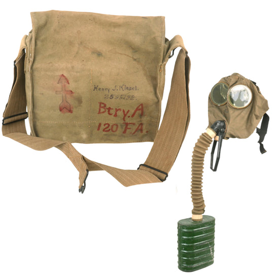 Original U.S. WWI Excellent Named & Painted 32nd Division Corrected English Type Box Respirator Gas Mask - 120th Field Artillery - Henry J. Kiesel