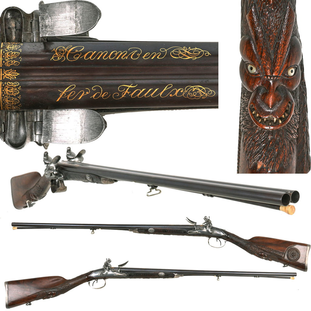 Original French 18th Century Silver Mounted 22 Bore Double Barrel Flintlock Fowling Piece by Jean-Baptiste Berardy of St. Étienne with Demon Carved Stock - Circa 1785 Original Items