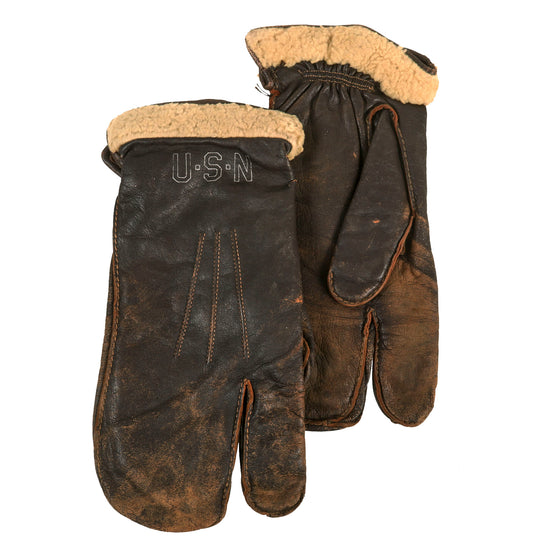 Original WWII U.S. Navy A-9A Shearling Leather Flying Mitten Gloves - Size 11 Original Items