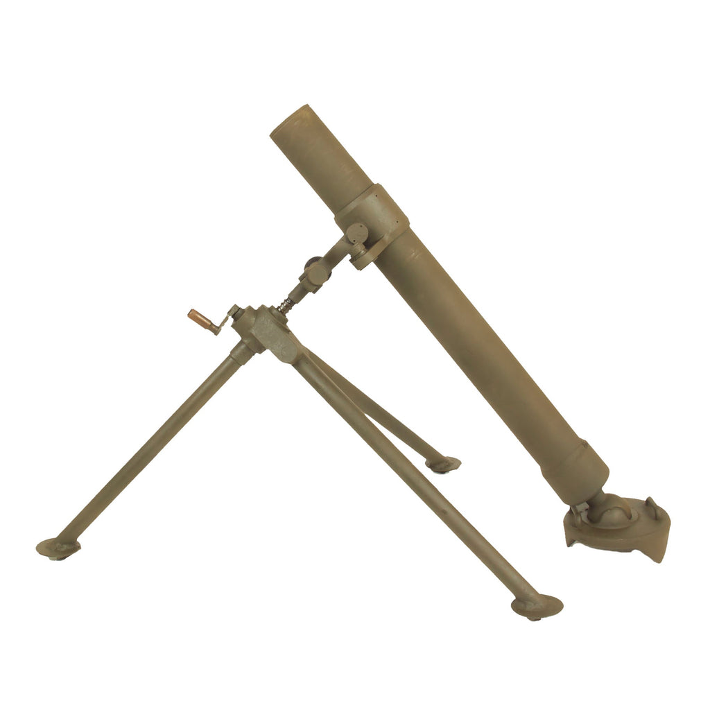 Original U.S. WWII Style Spanish Model 51 60mm Display Mortar with Tripod and Commando Baseplate in Leather Carrier Original Items