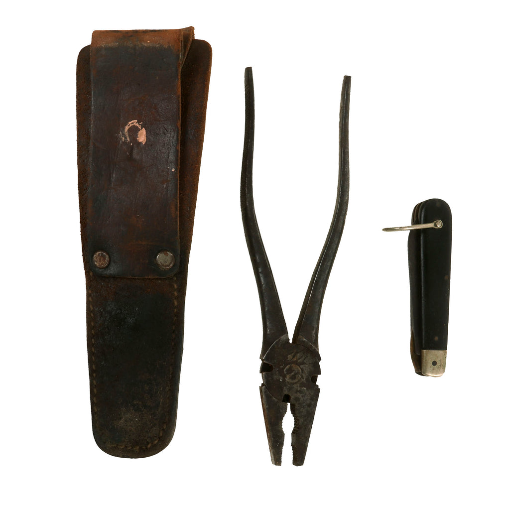 Original U.S. WWII US Army Signal Corps Lineman’s Tool Set With CS-34 Leather Pouch, TL-29 Pocket Knife and Diamond Edge Pliers