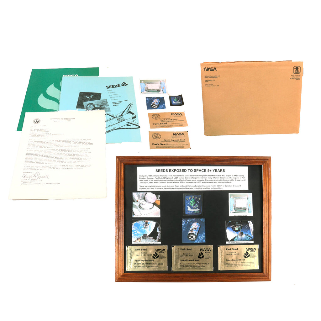 Original U.S. NASA 1984 LDEF Framed Group of 5 Seed Packets Exposed to Space for 5 Years - Space Shuttles Challenger & Columbia