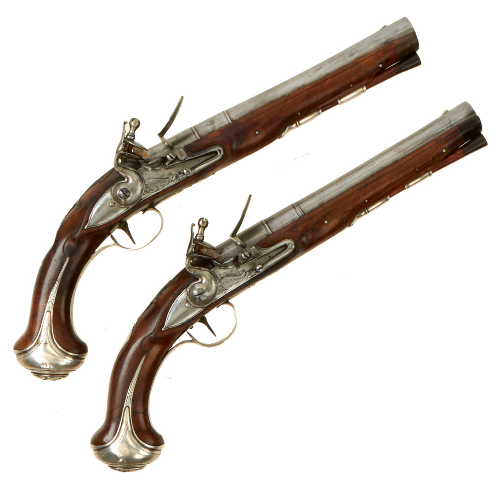 Original Magnificent Pair of English Silver Mounted Flintlock Pistols by James Freeman of London - Fittings Dated 1717 Original Items