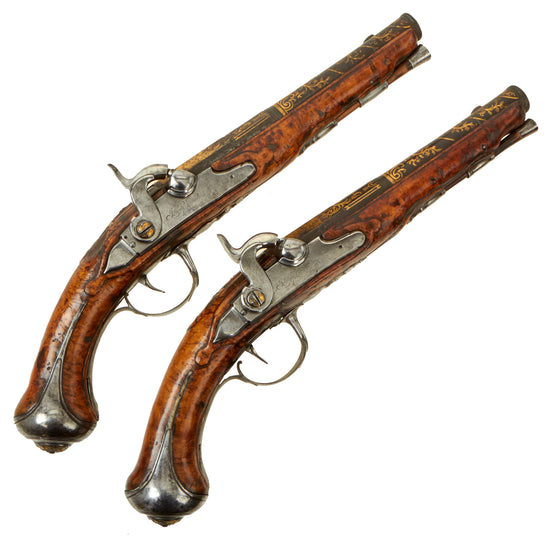 Original 1750 French Percussion Conversion Pistols Signed Joseph Lamotte Laine with Gold Inlaid Barrels & Burl Stocks