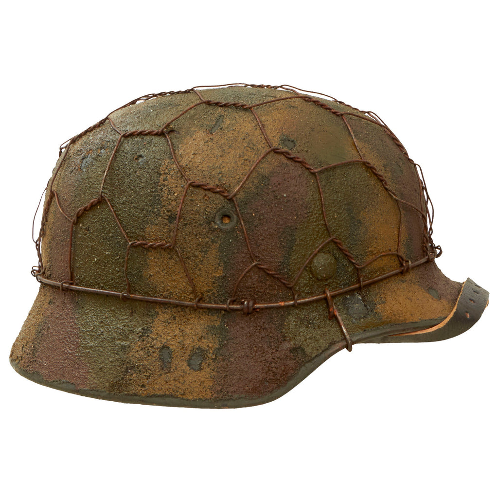 Original German WWII M40 Refurbished 1st SS LAH 1943 Italian Camouflage Chicken Wire Helmet - Stamped Q66 Original Items