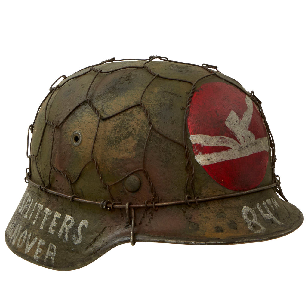 Original German WWII M40 Refurbished 84th Infantry Division Souvenir Camouflage Chicken Wire Helmet - Stamped EF66 Original Items