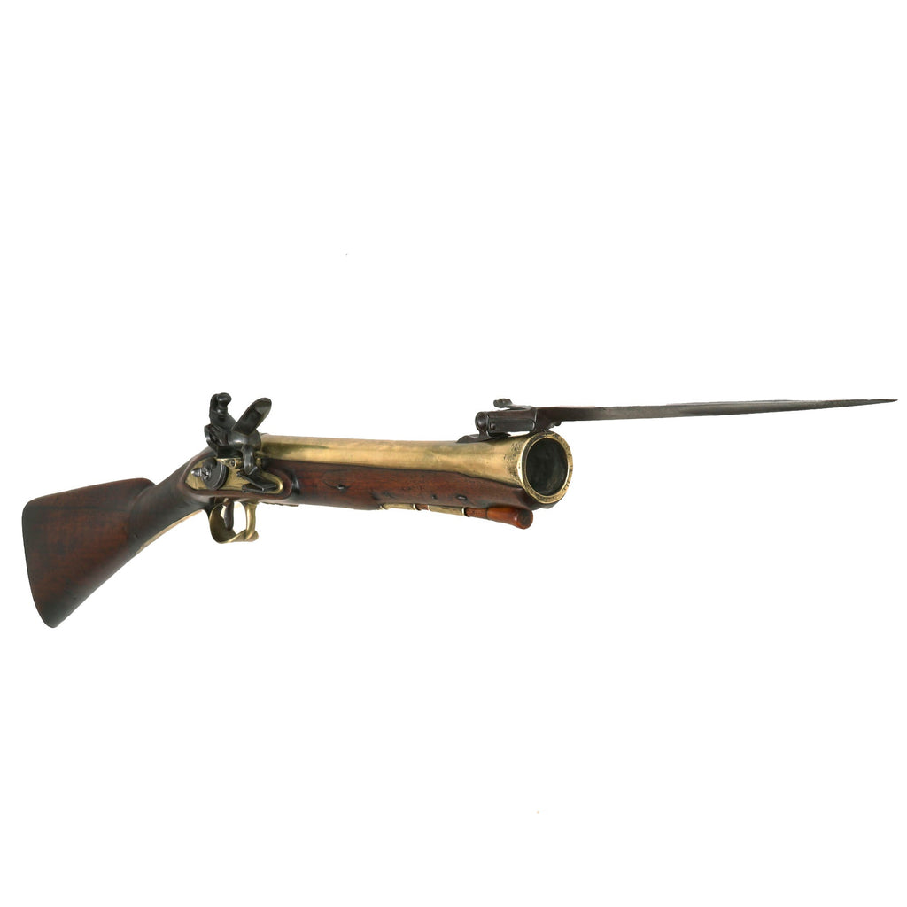 Original British Brass Barrel Flintlock Coaching Blunderbuss - HAPPY IS HE THAT ESCAPETH ME - by William Stanton II of London with Spring Loaded Bayonet - Circa 1790 Original Items