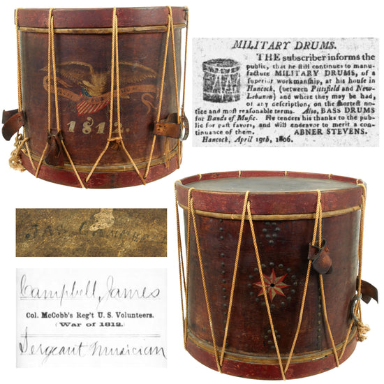 Original U.S. War of 1812 Named & Painted Military Field Drum by Abner Stevens of Pittsfield, Massachusetts with Partial Maker’s Label on Interior - Dated 1812