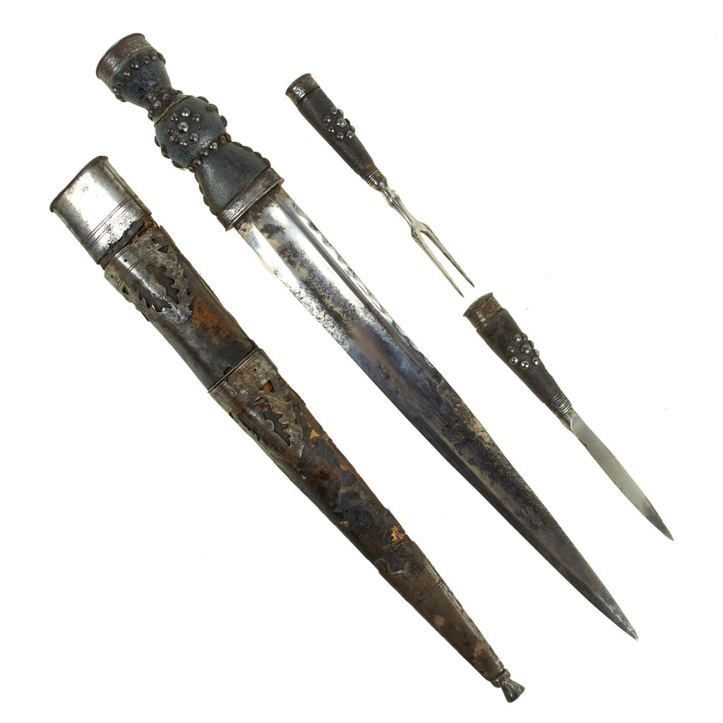 Original British Early 19th Century Scottish Dirk with Steel-Mounted Sharkskin Grip & Original Intricate Scabbard with Thistle-Shaped Drag & Matching Fork & Knife