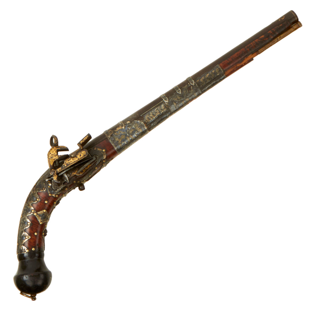 Original Magnificent Niello Silver Fitted Cossack Miquelet Ball Butt Pistol with Gold Inlaid Barrel and Lock - circa 1760 Original Items