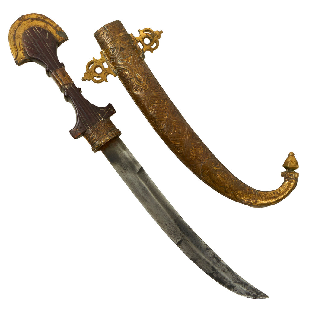 Original 19th Century North African - Arabian Jambiya Dagger with Gilt Embossed Brass Clad Scabbard - circa 1840 Original Items