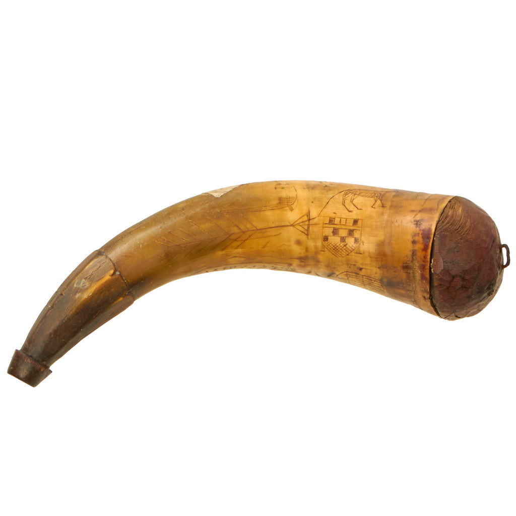 Original British Early 19th Century Named & Hand Carved Scrimshaw Cowhorn Powder Horn with Carved Flint Pocket & Provenance Note - Dated 1839 Original Items