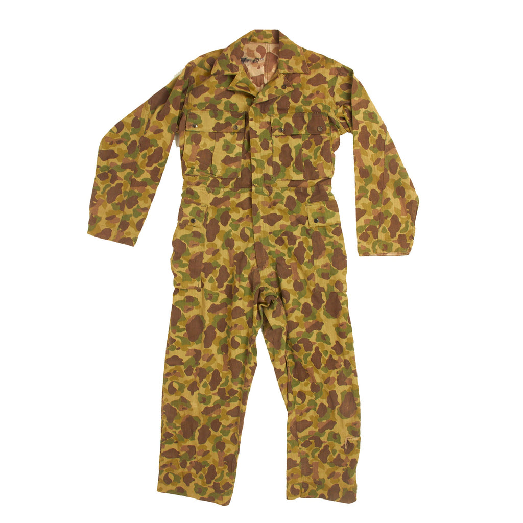 Original U.S. WWII Army M1942 Camouflage Jungle Suit Herring Bone Twill Coveralls with Internal Suspenders Original Items