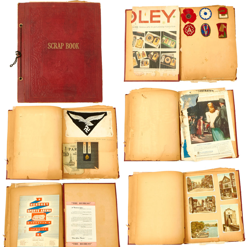 Original U.S. WWII GI Scrapbook with Patches, Telegram, German Souvenirs, Magazine, Currency and More Original Items