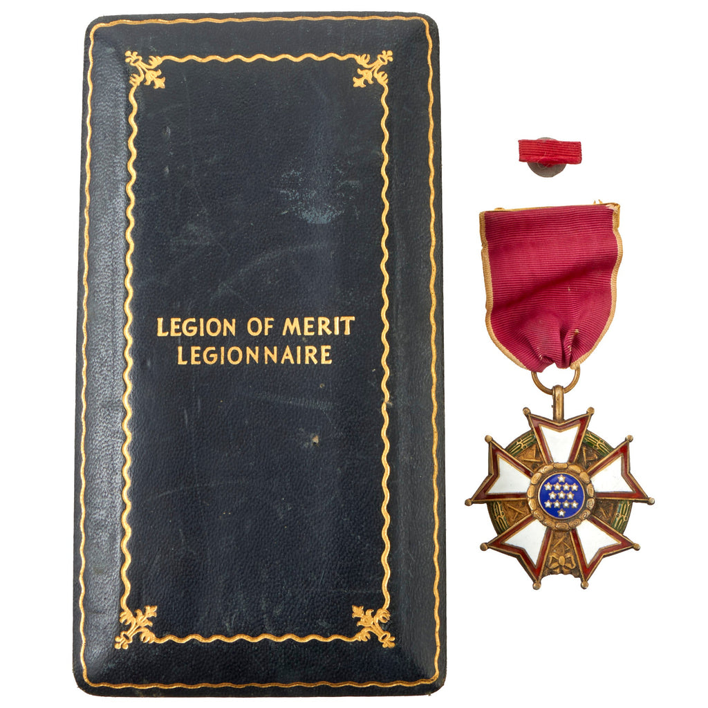 Original U.S. WWII Legion of Merit Legionnaire Degree With Correct 1940’s “Gold Gilt” Full Wrap Brooch with Locking Catch and Lapel Device With Proper Case Original Items