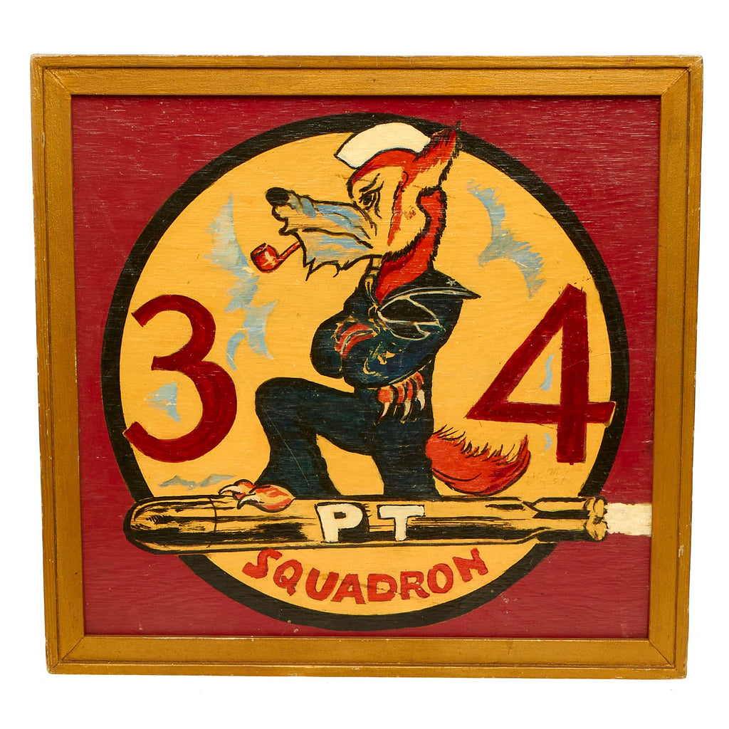 Original U.S. WWII Framed Hand Painted Wood Sign For Patrol Torpedo boat Squadron 34 - 13 ¼” x 13 ¾” Original Items