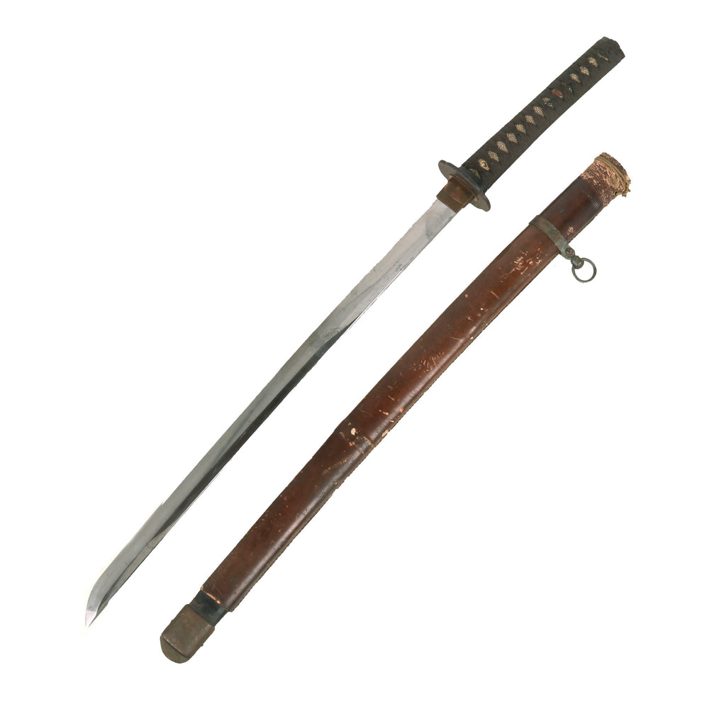 Original WWII Reissued Japanese Early Edo Period Ō-Wakizashi Short Sword with False Attribution to TADAYOSHI in Leather Covered Scabbard