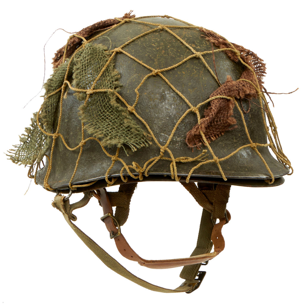 Original WWII U.S. Late War Produced Netted With Scrim M-1C Paratrooper Helmet With Westinghouse Jump Liner - Named To 1st Lieutenant George Santiago Original Items