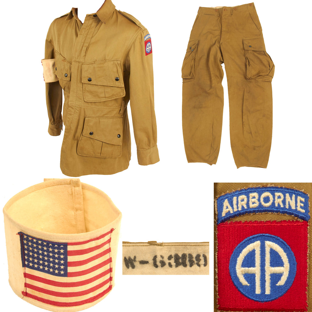 Original U.S. WWII 82nd Airborne Division M1942 Paratrooper Jump Jacket without Reinforcements with British Made American Flag Invasion Armband and Laundry Number Marked Trousers Original Items