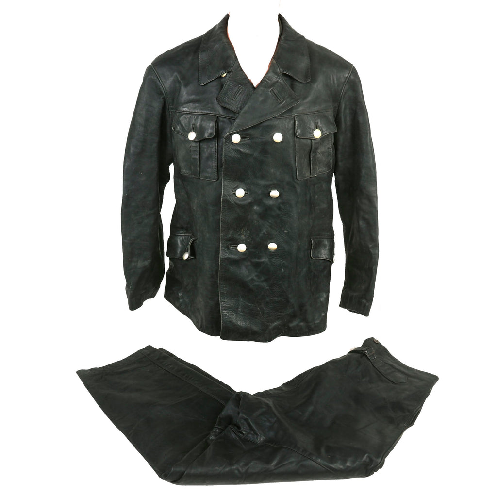 Original German Kriegsmarine Private Purchase U-Boat Double Breasted Leather Jacket with Pebbled Buttons and Trouser Set Original Items