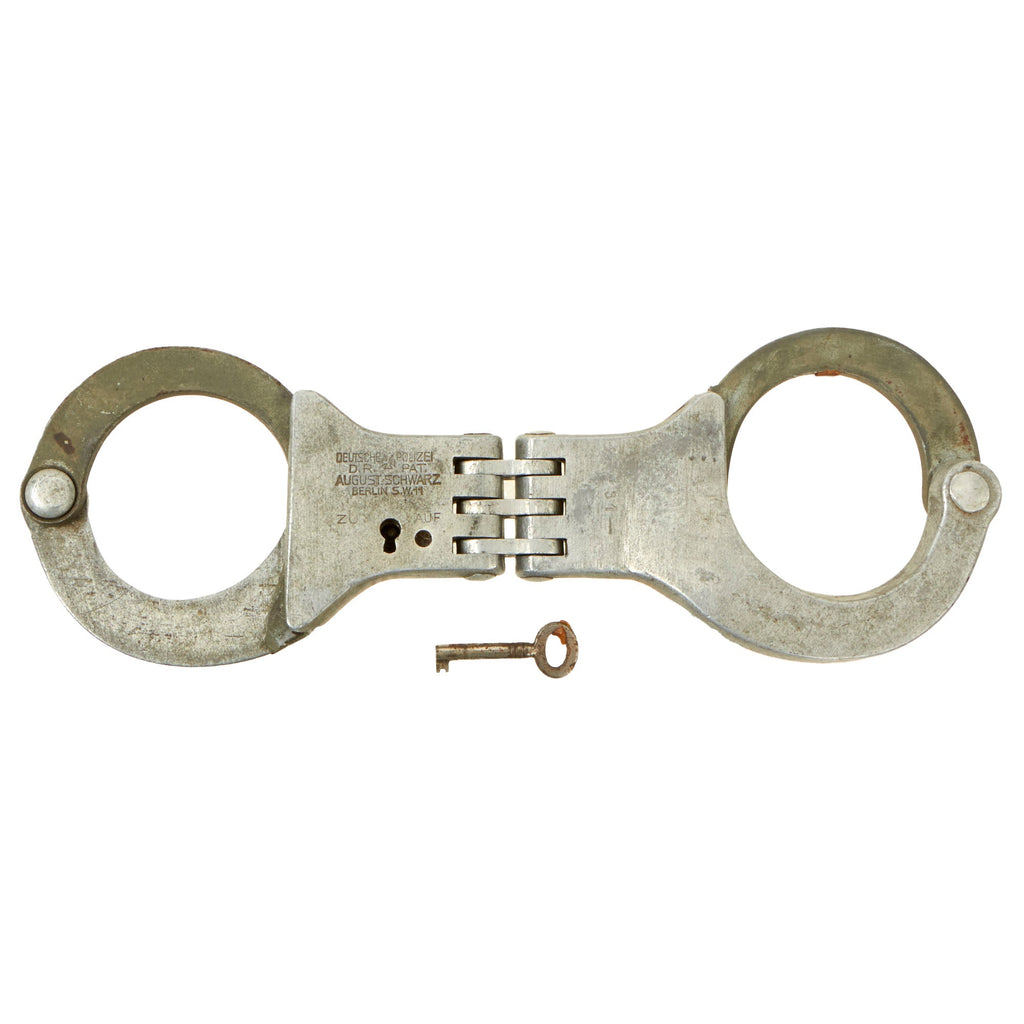 Original German Pre-WWII Weimar Republic Aluminum and Steel Hinged Police Handcuffs by August Schwartz with Key Original Items