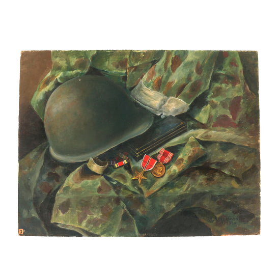 Original U.S. WWII Painting of M1 Helmet with Bronze Star & Other Medals - Signed A. A. Hoffman 1946 - 18 x 24” Original Items