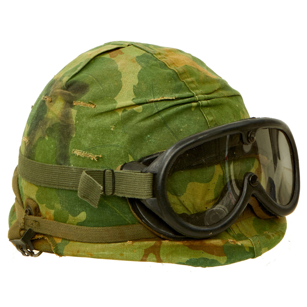 Original U.S. Vietnam M1 Helmet with Reversible Camouflage Cover and Dust Goggles Original Items