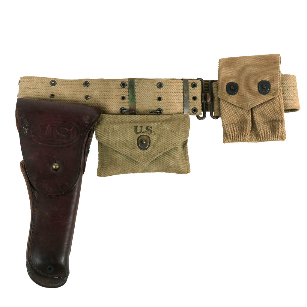 Original U.S. WWII Officer M1936 Pistol Belt, M1911 Holster by Enger-Kress, Magazine Pouch & First Aid Pouch WITH Box & Bandage Original Items