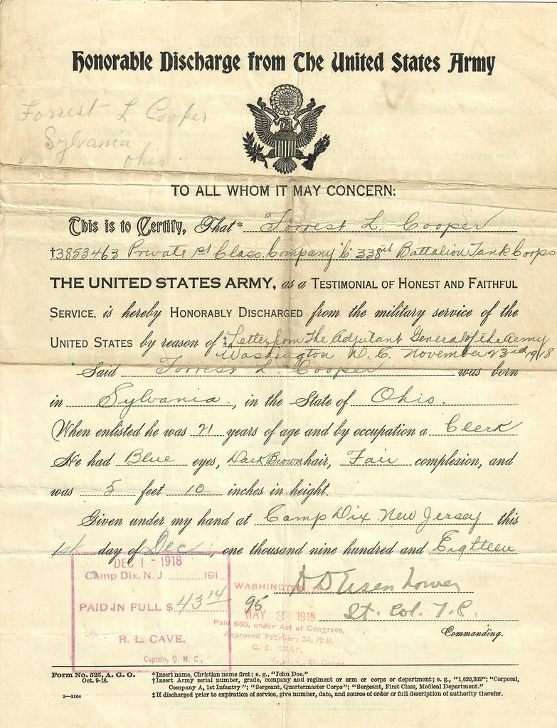 Original U.S. WWI Dwight D. Eisenhower Signed Honorable Discharge - PF ...