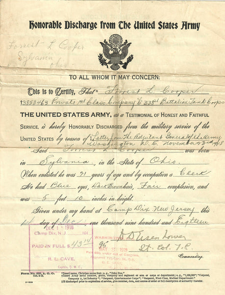 Original U.S. WWI Dwight D. Eisenhower Signed Honorable Discharge - PF ...