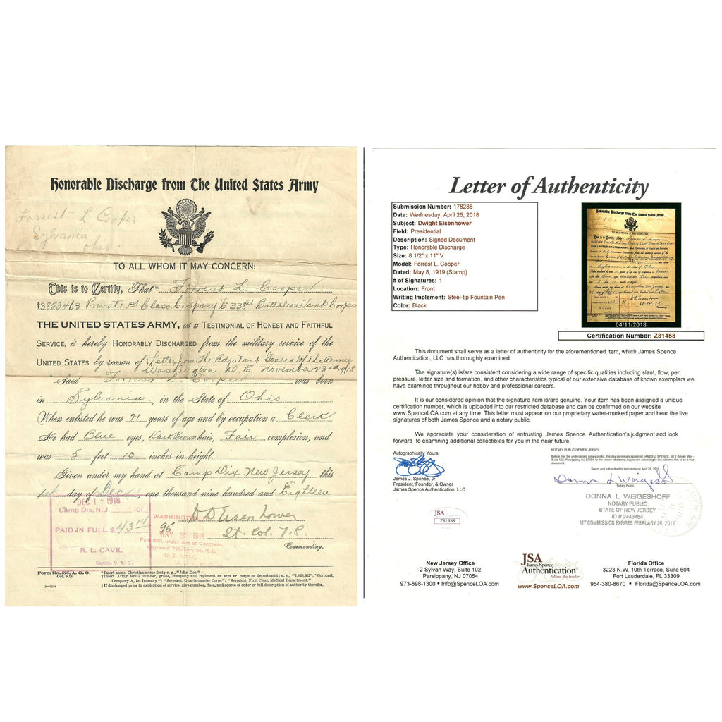 Original U.S. WWI US Army Honorable Discharge For PFC Forrest Cooper, 338th Battalion Tank Corps, Signed By Dwight D. Eisenhower With Notarized Letter of Authenticity From JSA Authentication Original Items