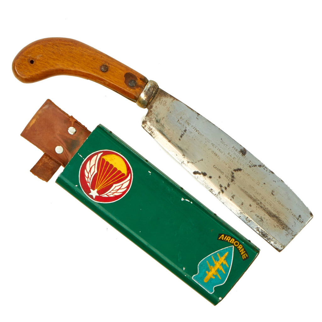 Original U.S. Vietnam War 5th Special Forces Group Presentation CISO Counter Insurgency Support Officer Square Tip Bolo Knife With Scabbard - Presented To Weapons Specialist SP/5 Raphael Rodgers Original Items