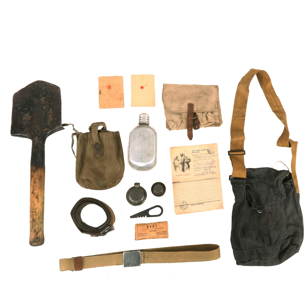 Original Soviet WWII Red Army Lot of Field Gear - Entrenching Tool, Canteen, & Gas Mask Bag - 14 Items Original Items