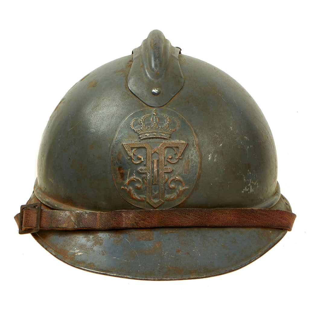 Original RARE WWI Romanian Model 1915 Adrian Helmet with King Ferdinand Badge- Complete with Original Liner and Chinstrap Original Items