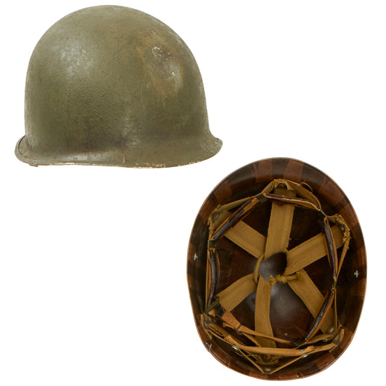 Original U.S. WWII 29th Division 1942 M1 Schlueter Fixed Bale Front Seam Helmet with Westinghouse Liner Original Items