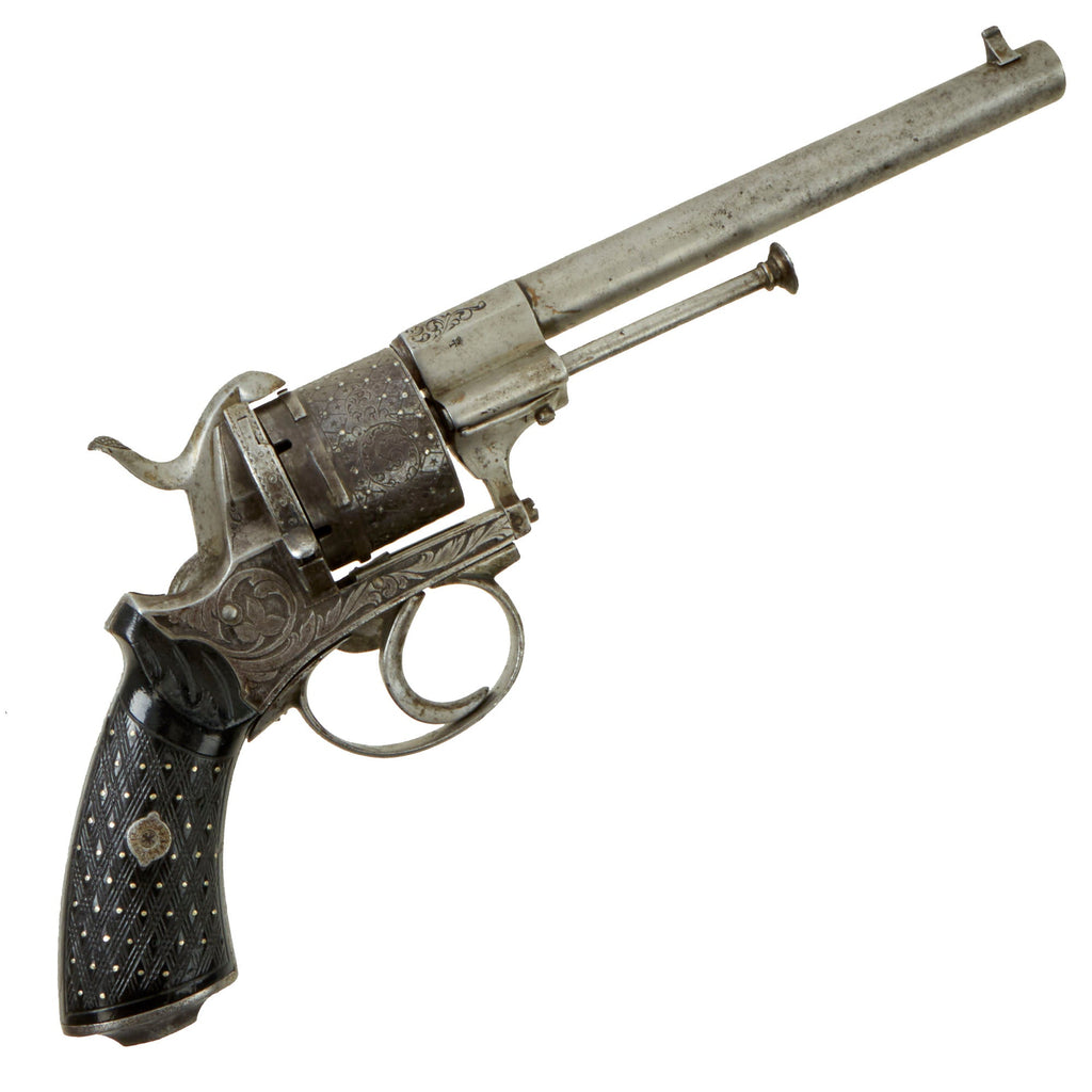 Original U.S. Civil War Era Belgian 9mm Pinfire Double Action Revolver with Silver Studded Cylinder & Grips - c. 1860 Original Items