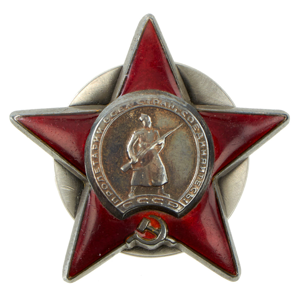 Original Soviet WWII Order of the Red Star With Serial 2604109 for Pyotr Loginov, 275th Rifle Regiment, 91st Guards Division, 3rd Belorussian Front - Awarded For Repulsing German Counterattack, Eliminating 20 Soldiers Original Items