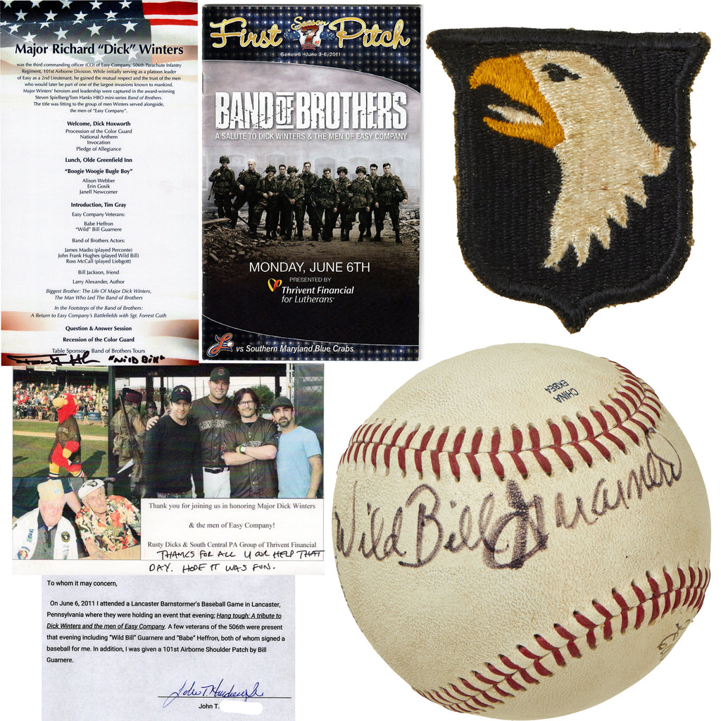 Original U.S. WWII Band of Brothers William J. “Wild Bill” Guarnere’s Personal Rare 101st Airborne Division White Tongue Patch With Signed Baseball by Guarnere and Edward James "Babe" Heffron - With Notarized Letter of Provenance Original Items