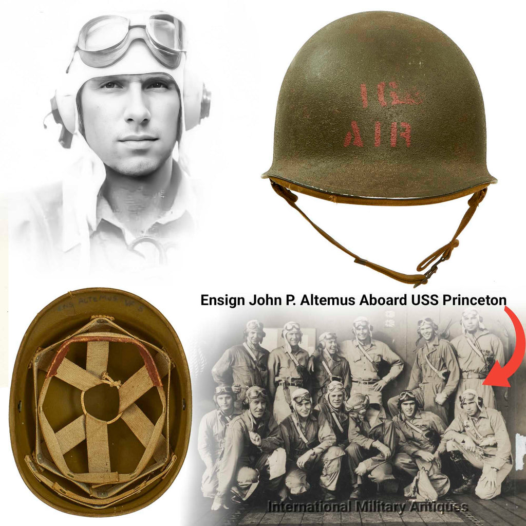 Original WWII U.S. Navy Combat Ace Fighting Squadron VF-5 “Screaming Eagles” Named 1942 McCord M1 Fixed Bale Helmet with Rare 1st Pattern Hawley Paper Liner - Lt. John P. Altemus, 6 Confirmed Aerial Kills Original Items