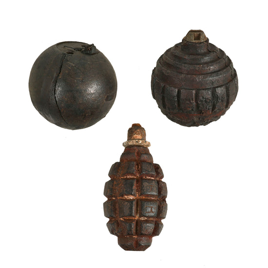 Original German French & British WWI Inert Relic Grenade Lot - Kugel, F1, and Cricket Ball Grenades