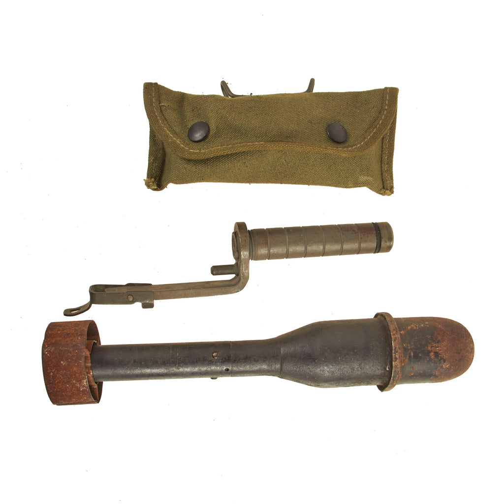 Original U.S. WWII M7 Grenade Launcher for M1 Garand Rifle with Inert M11A4 Practice Grenade and New Old Stock M15 Grenade Launcher Sight Still Wrapped In Canvas Carry Pouch Original Items