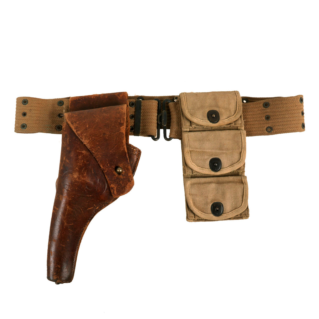 Original U.S. WWI M1917 Holster for 1911 .45 Revolver with M-1910 Pistol Belt, & WWI Half Moon Clip .45 Cal 3 Pocket Pouch - Dated 1918 Original Items