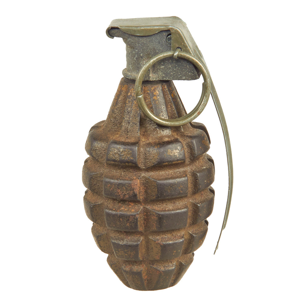 Original U.S. WWII Inert MkII Pineapple Grenade with Partial Yellow Ring & M10 Series Fuze Original Items