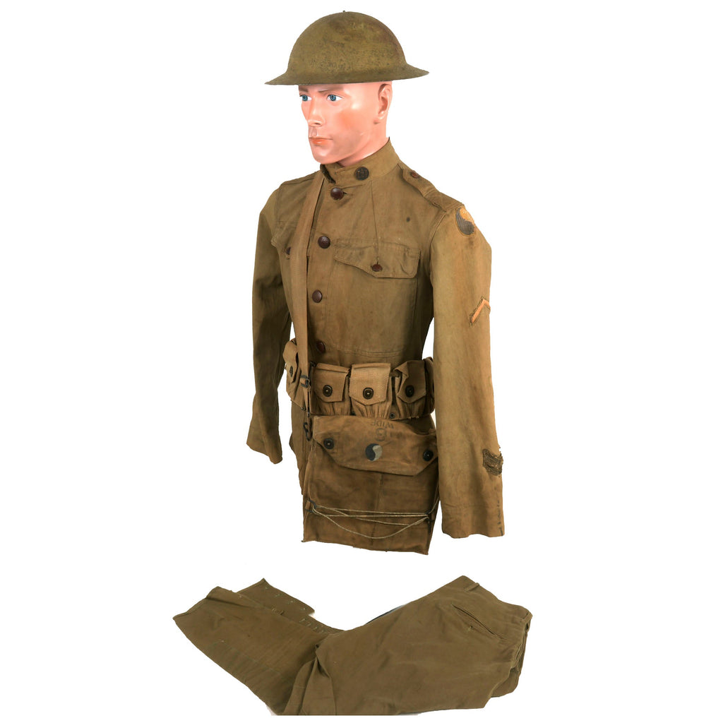 Original Identified WWI US 29th Division Uniform, Painted Gas Mask Bag & Helmet Grouping Original Items