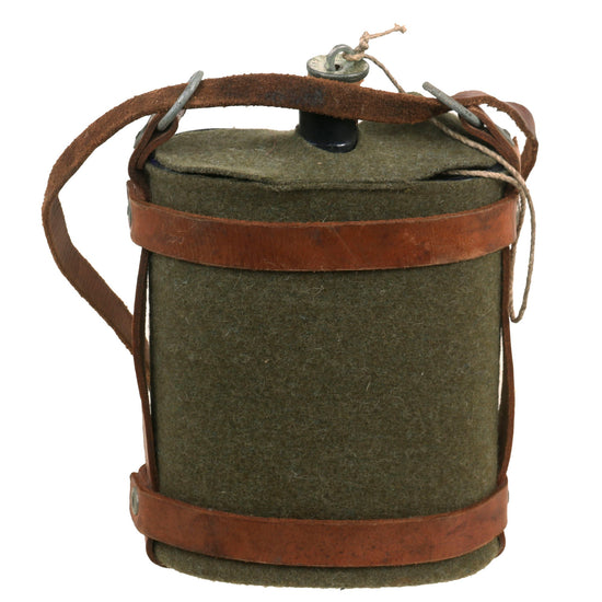Original Australian WWII Named Convict’s Mounted Cavalry Blue Enamel Canteen With Leather Carrier and Shoulder Strap - 1st Australian Anti-Aircraft Original Items