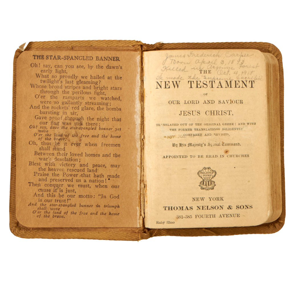 Orignal U.S. WWI 2nd Division KIA Pocket Testament Bible - James Frederick Carper - 23rd Infantry Regiment