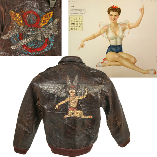 Original U.S. WWII 8th Air Force Varga May 1944 Esquire Magazine Pin-Up Girl Painted A-2 Leather Flight Jacket with Laundry Number & Painted Aerial Gunner’s Wings